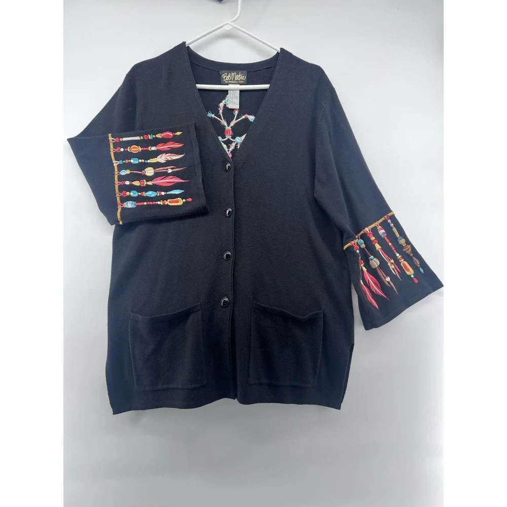 Bob Mackie Cardigan Sweater L Art Embroidered Feathers Artsy Aztec Southwest VTG - Picture 7 of 15